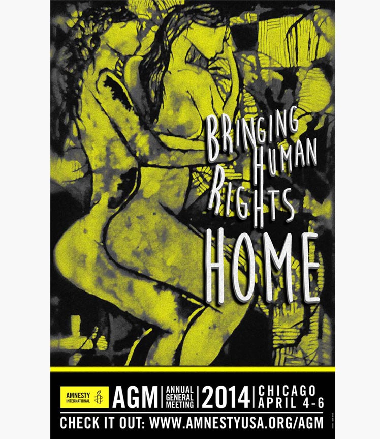 Amnesty International poster of two women embracing, bringing human rights home