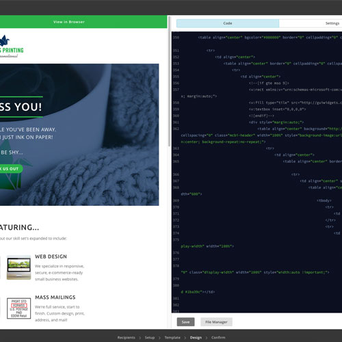 code and preview of newsletter design