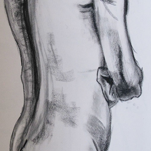 close up charcoal drawing of a man with arms folded