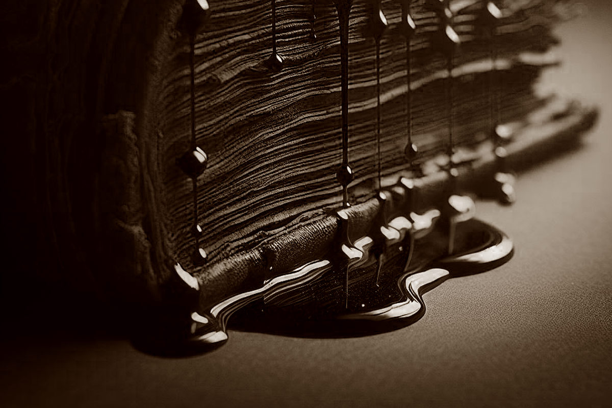 an old notebook viewed from the side, with drops of ink welling off the edge of the pages